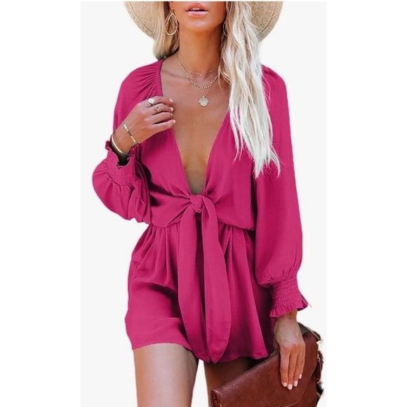Aelson Boho Deep V-neck Romper Hot Pink Size XL - Picture 1 of 12